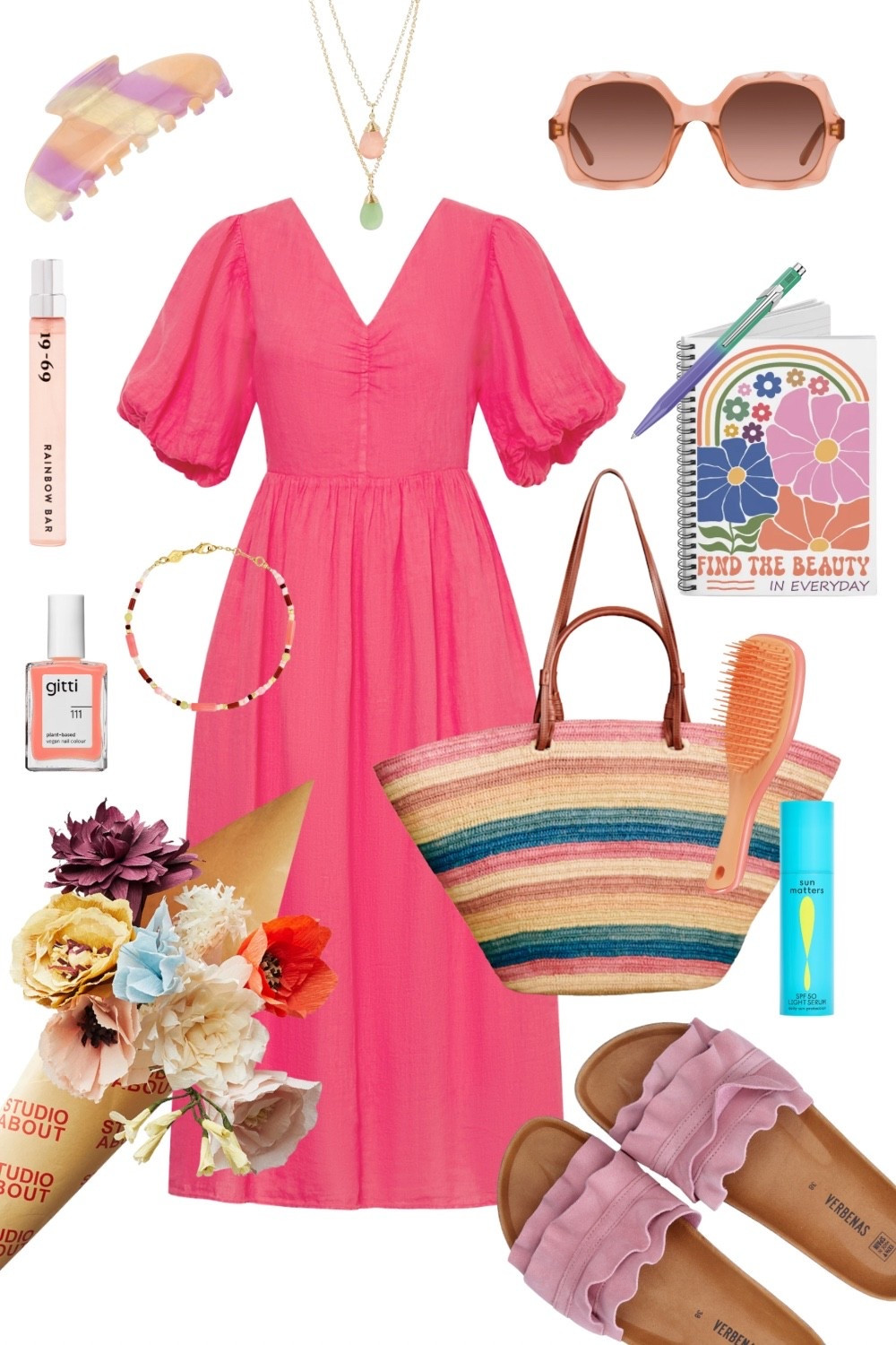 Der Sommer ist da - und dieses Leinenkleid mit Puffärmeln und die bunt gestreifte Korbtasche sind die perfekten Begleiter, um kühl und stylisch durch die heißen Tage zu kommen. #sommerkleid #kleider #dopaminedressing 