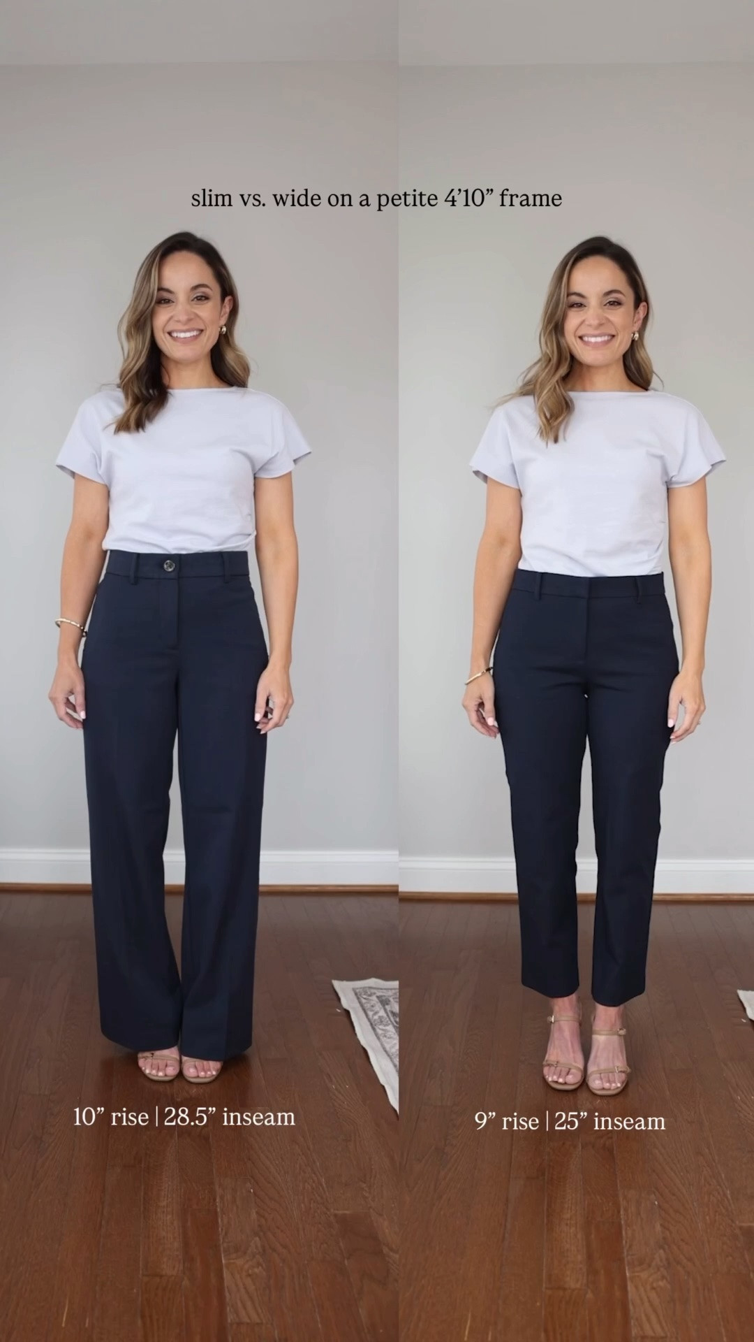 The slim vs. wide debate when it comes to whether or not they’re petite friendly. I personally wear and think both styles look great. The 10” rise, slim wide leg with a low heel make me look taller in my opinion. The mid rise option looks great also, I just typically wear a style like that with an untucked top or blazer to keep my proportions balanced. 

* I linked both the classic and curvy style of each pair of pants. 

Wide leg pants (Ann Taylor): petite 00 - curvy fit 
Slim pants (Ann Taylor): petite 0 (curvy fits me best in petite 00) 
Top (Nordstrom): xxs (link shows black, couldn’t get purple to show for some reason)
Shoes (LOFT): true to size