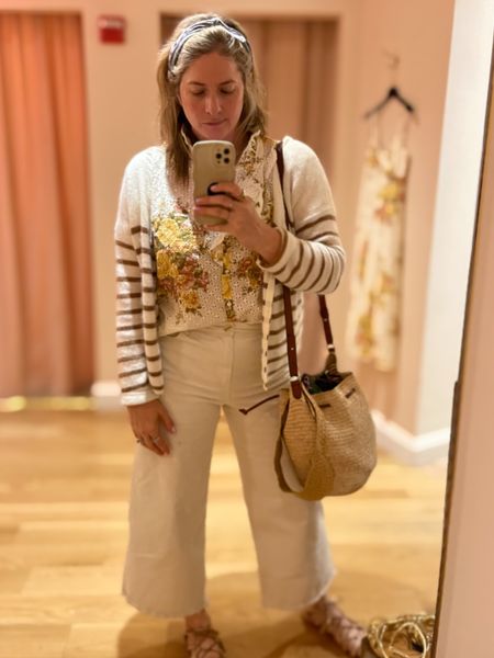 Outfit of the day for my visit to the new Sézane store opening in Boston on Friday! 

Striped sweater, cardigan, floral blouse, Eyelet, women’s fashion, top, bandana, French fashion, Parisian fashion, sandals, white jeans 

#LTKworkwear #LTKunder100 #LTKstyletip