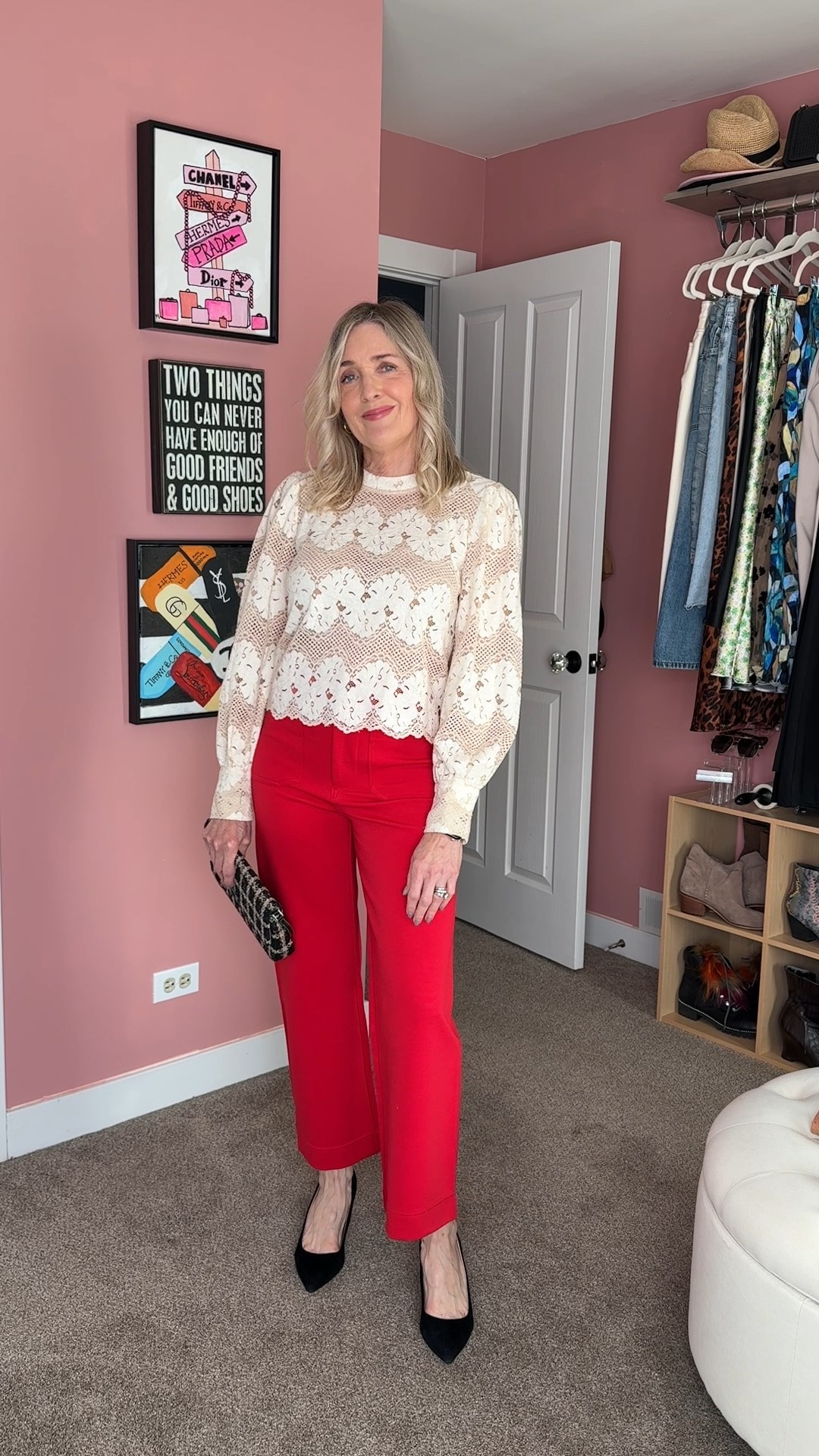 Christmas outfit women from Anthropologie. Dolan lace mock neck blouse size small. Maeve Colette red knit pants size 25. Ally pumps- the most comfortable heels that you can wear for hours. 

Party looks, holiday party outfit, red pants, Christmas outfit, style over 40, mom looks, work party outfit, holiday outfits women

#LTKFindsUnder100 #LTKHoliday #LTKSeasonal