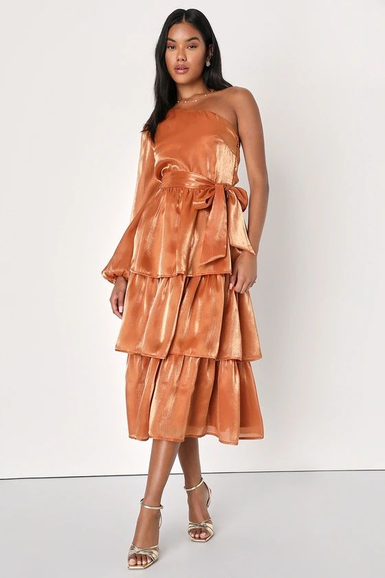 Sweet Excellence Shiny Rust Orange One-Shoulder Tiered Dress | Lulus (US)