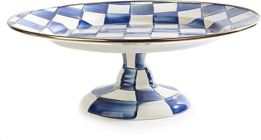 MACKENZIE-CHILDS Enamel Pedestal Platter, Round Cake Stand, Small, Blue-and-White Royal Check | Amazon (US)