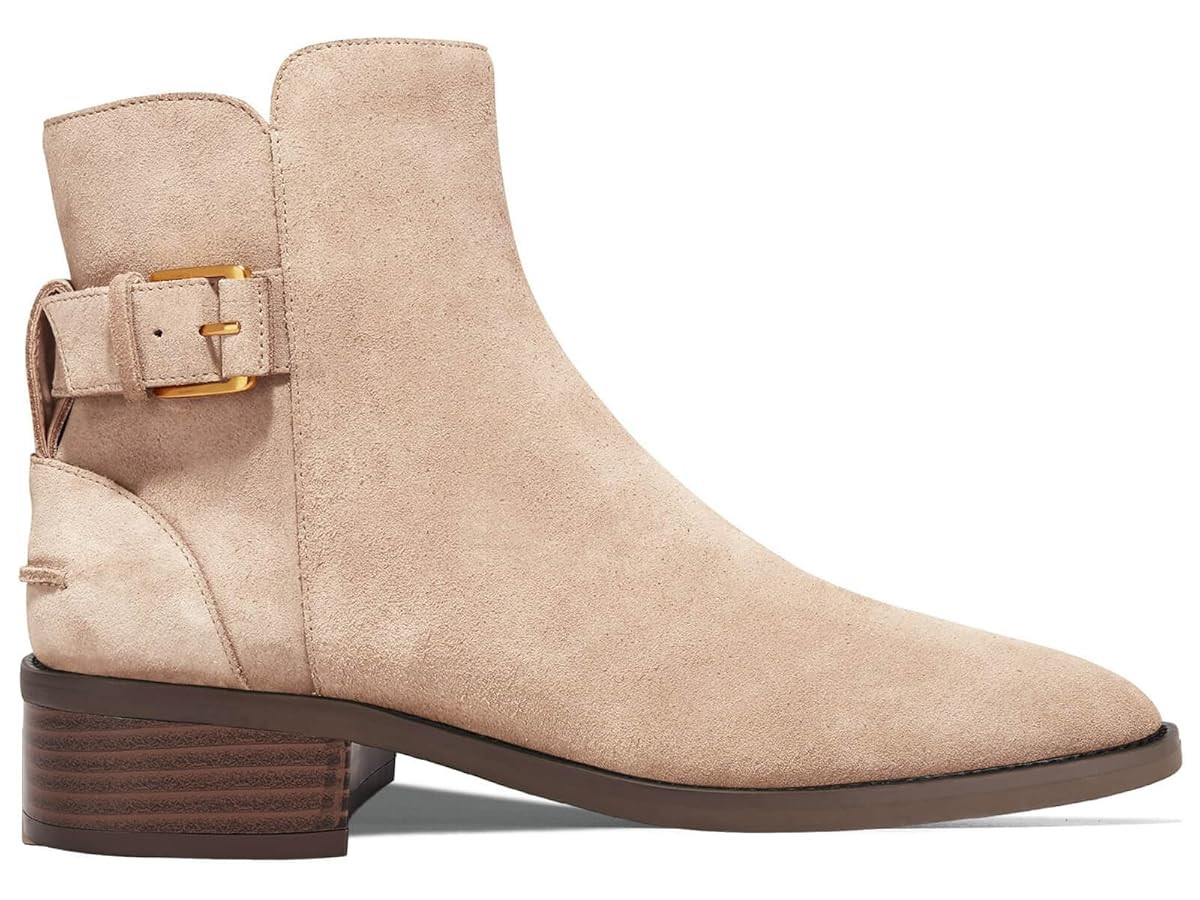 Coutgo Womens Ankle Boots Low Heel Chunky Stacked Pointed Toe Booties Buckle Strap Western Shoes | Amazon (US)