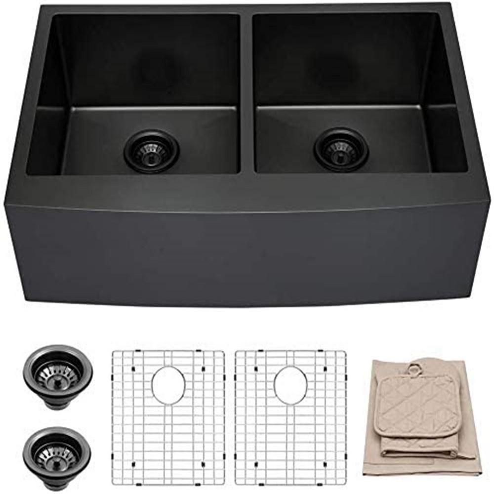Boyel Living 33 in. Matte Black Stainless Steel Double Bowl Farmhouse Sink | The Home Depot