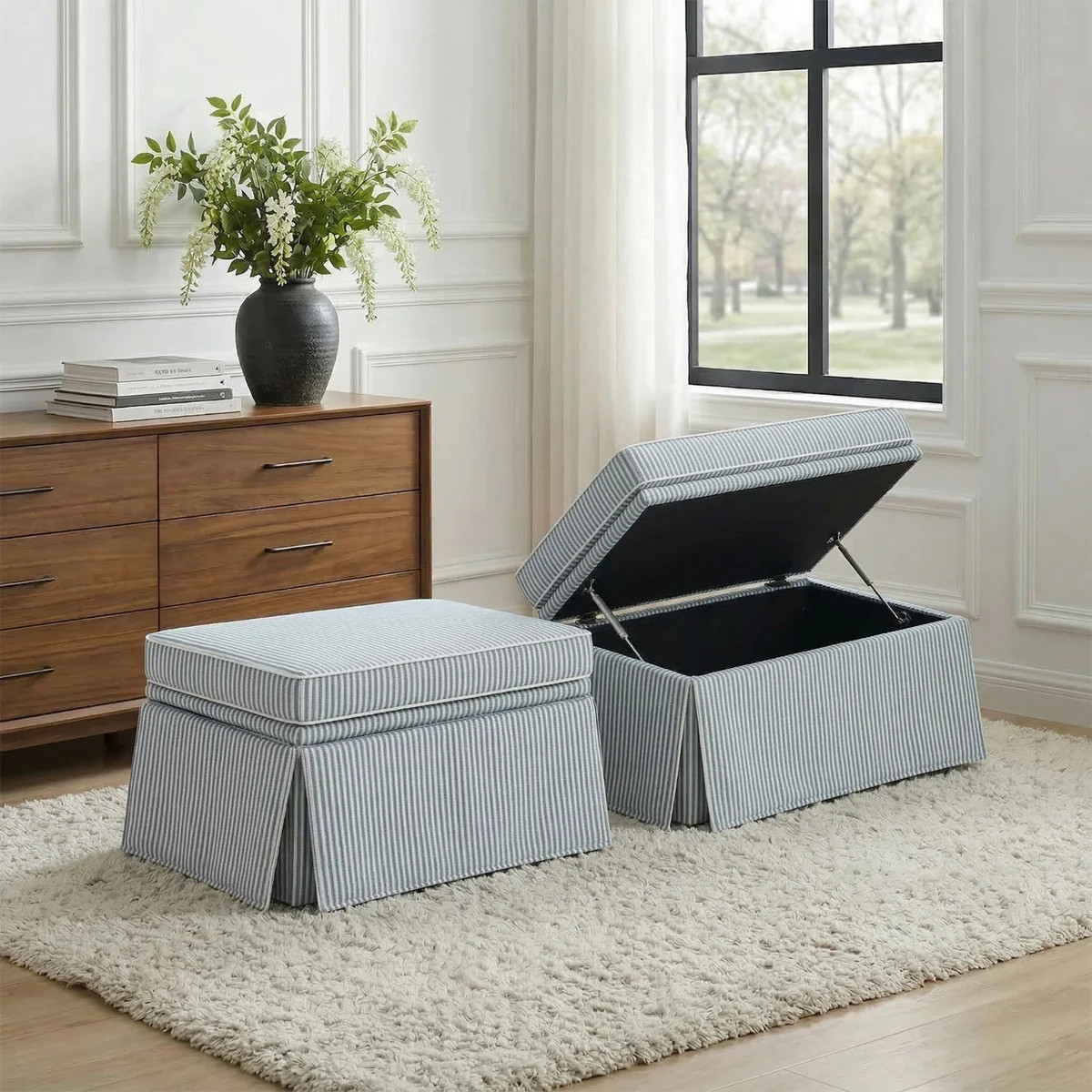 Upholstered Blue Striped Skirted Rectangular Storage Ottoman with Lift-Top (Set of 2) | Wayfair North America