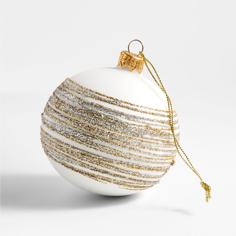 Handmade Silver and Gold Glitter Striped White Glass Ball Christmas Ornament | Crate & Barrel | Crate & Barrel
