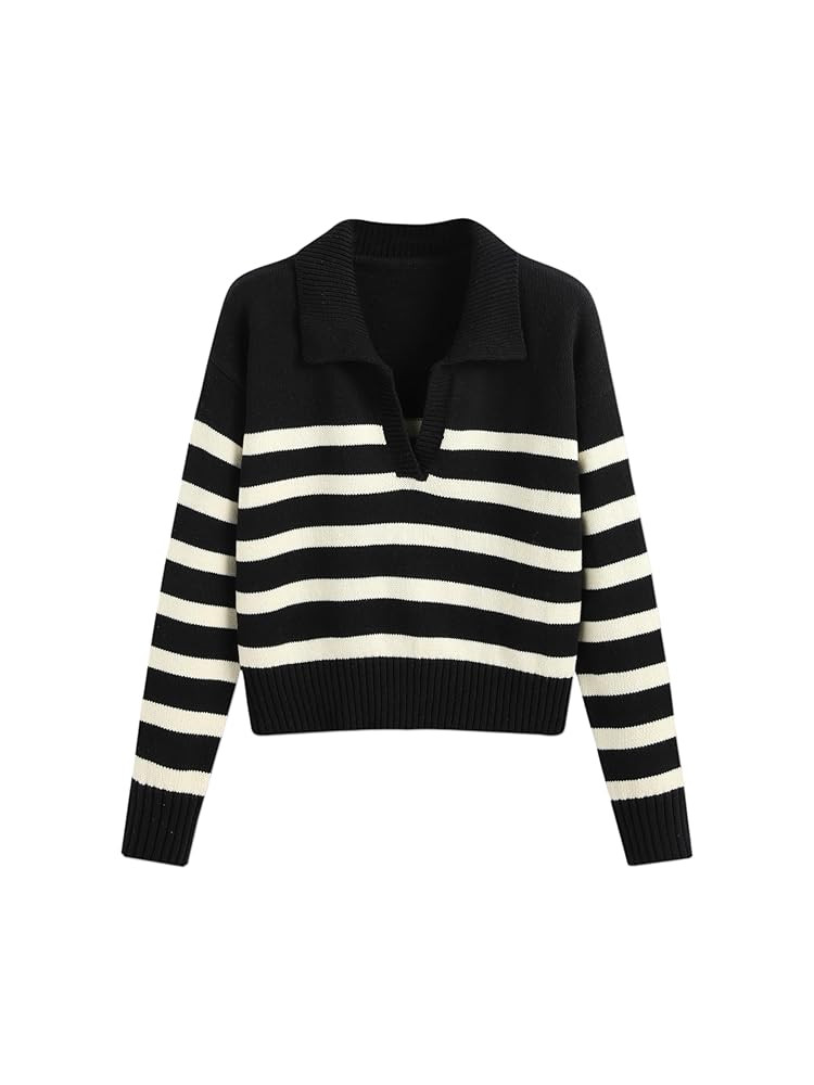 CIDER Women’s Polo Sweater Striped Collared Lightweight Long Sleeve V Neck Pullover Fall Sweate... | Amazon (US)