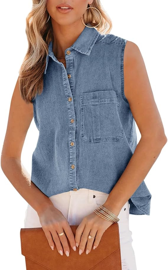 Orchidays Women's Denim Tank Top V Neck Button Down Collared Sleeveless Shirts Casual Blouse Tops | Amazon (US)