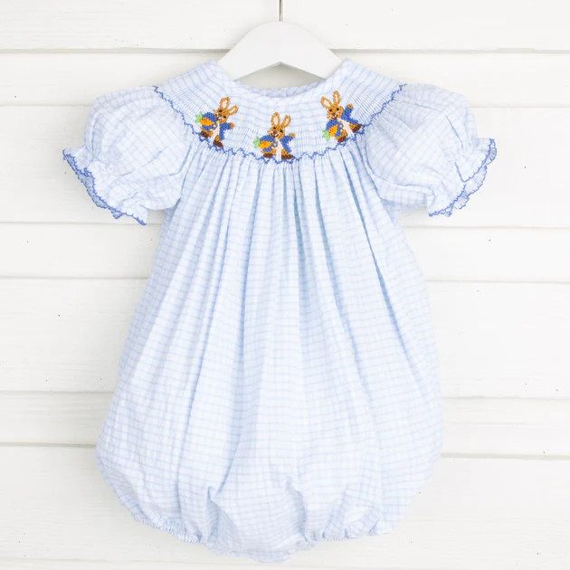 Storybook Rabbit Smocked Bubble Blue Windowpane Seersucker | Classic Whimsy
