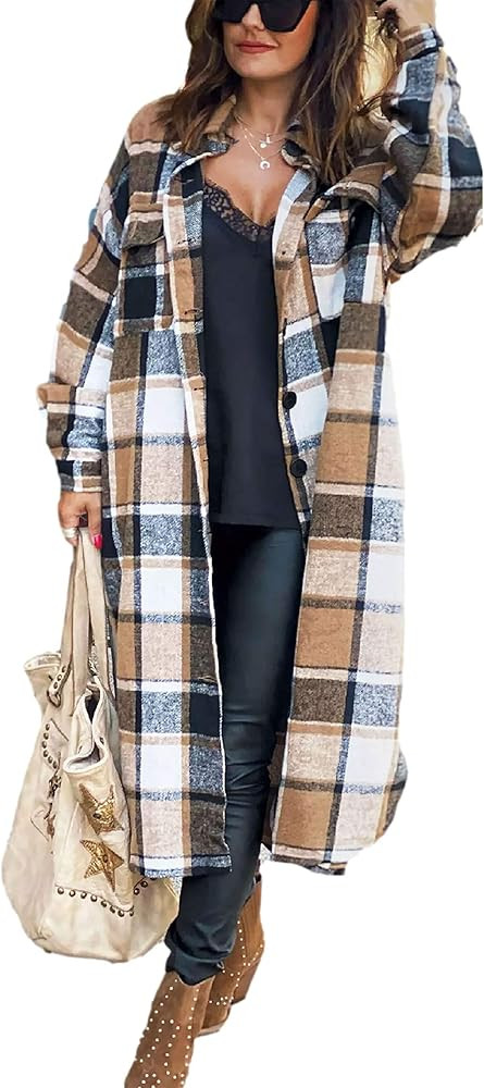 Qiaomai Womens Plaid Wool Blend Puff Sleeve Lapel Button Long Pocketed Shacket Coat | Amazon (US)