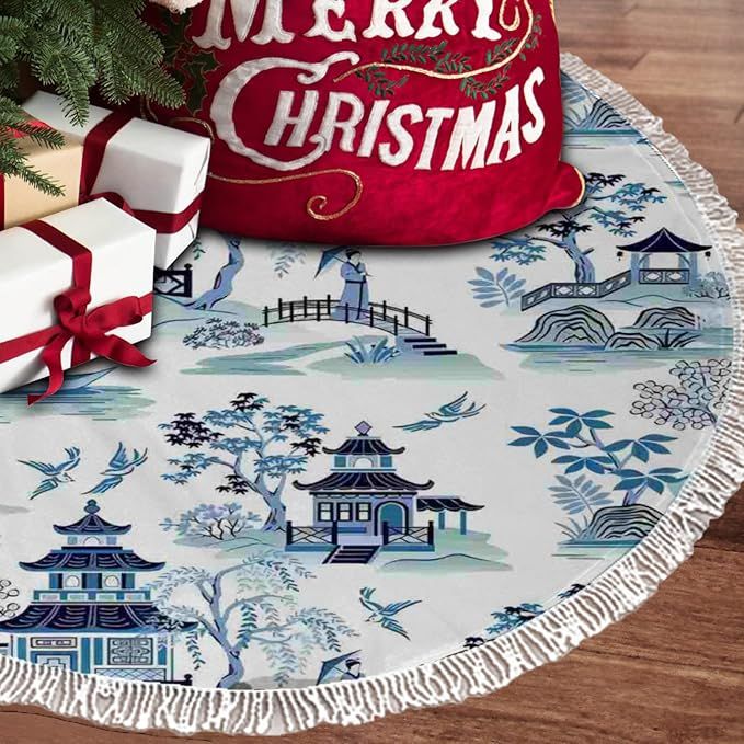Tassel Christmas Tree Skirt Chinoiserie Blue and White Chinese Style Xmas Tree Skirt Mat for Part... | Amazon (US)