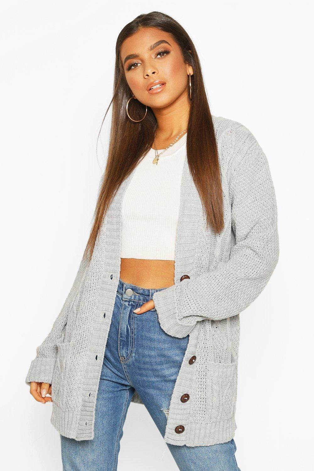 Womens Cable Boyfriend Button Up Cardigan - Grey - S/M | Boohoo.com (US & CA)
