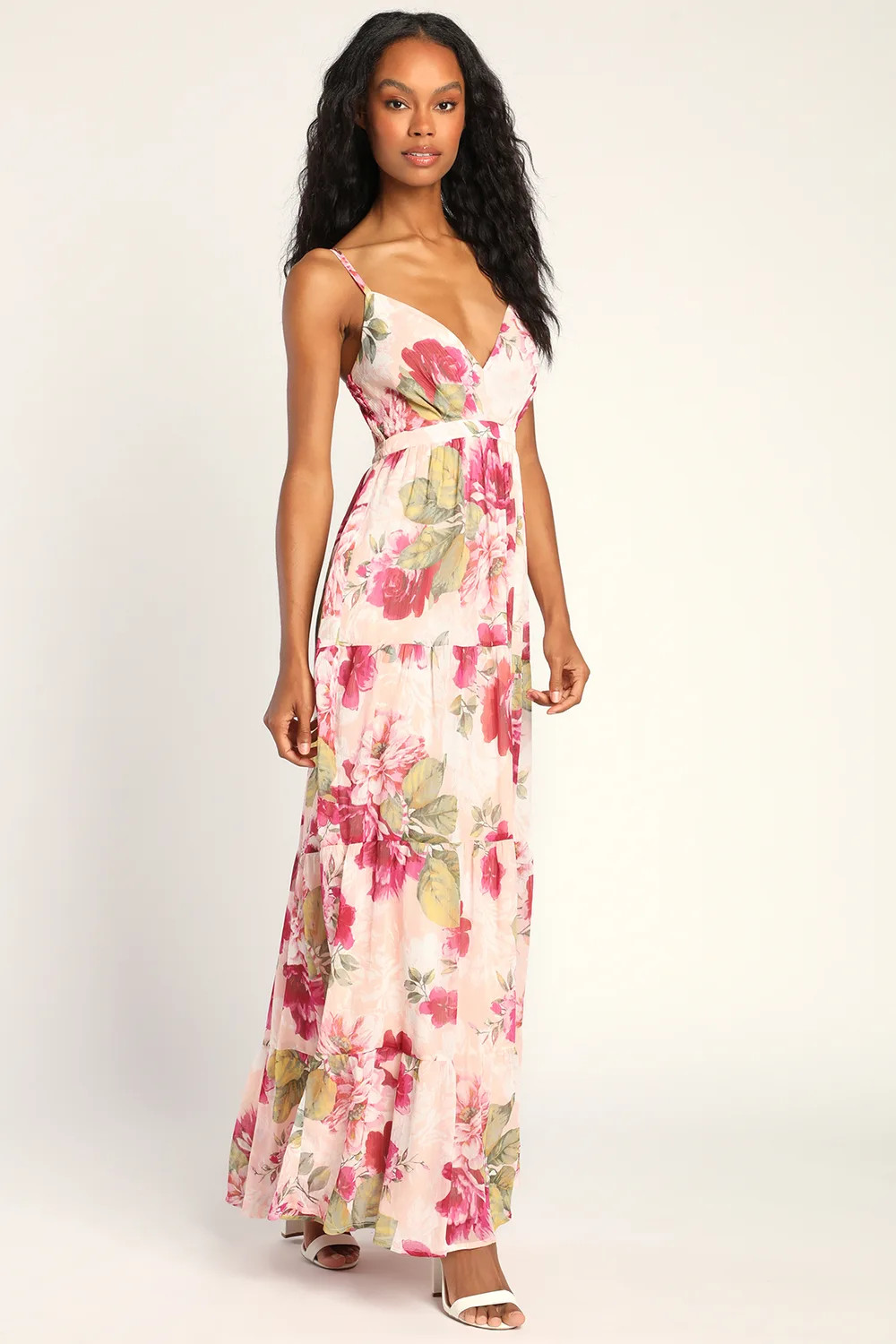 Gorgeous Blooms Blush Pink Floral Print Tiered Maxi Dress | Lulus (US)