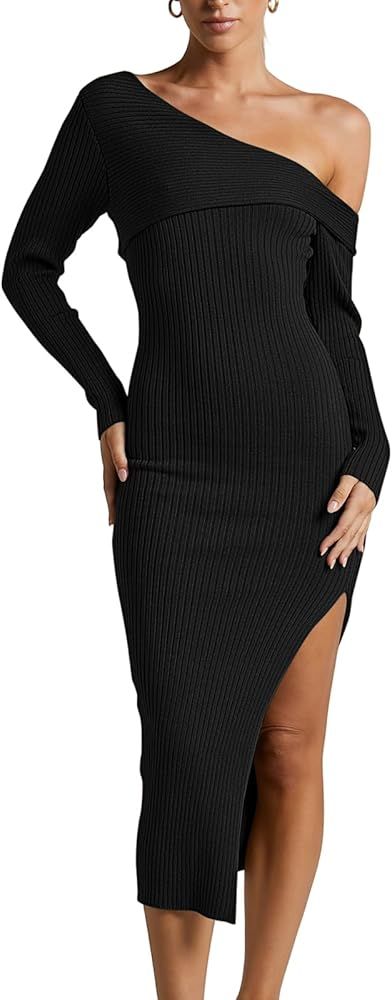 Women's Long Sleeve One Shoulder Bodycon Sweater Dress Slit Slim Fit Ribbed Knit Midi Dress | Amazon (US)
