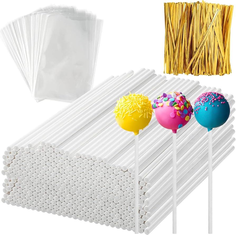 600Pcs Lollipop Stick, 6IN Cake Pop Sticks with Clear Treat Bags & Gold Twist Ties, Cake Pops Mak... | Amazon (US)
