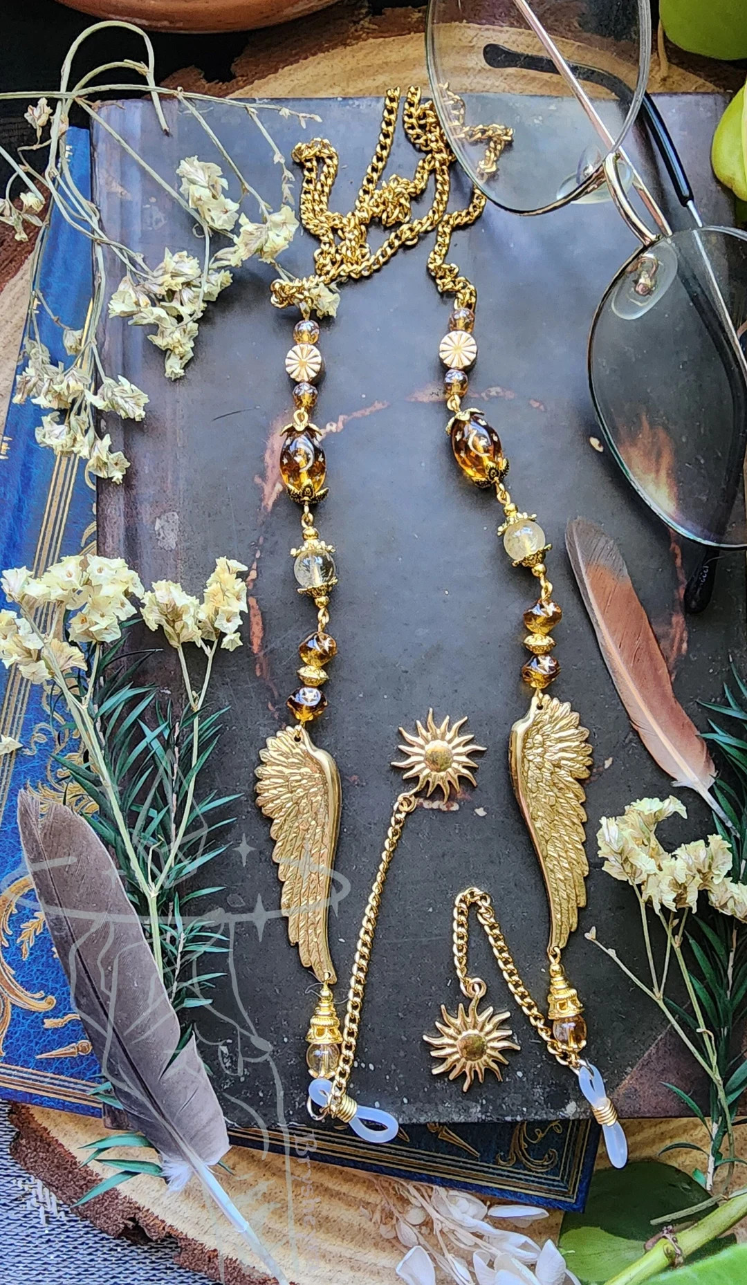 Icarus Fell in Love Gold Eyeglass Chain | Czech Crystal | Citrine Stone | Brass Wings | Gold Witc... | Etsy (US)
