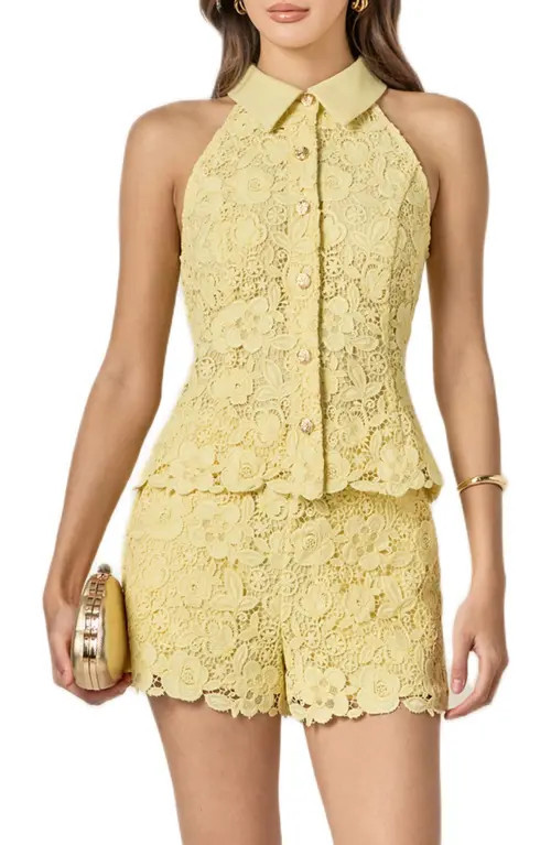 English Factory Floral Lace Sleeveless Button-Up Shirt in Butter Yellow at Nordstrom, Size Medium | Nordstrom
