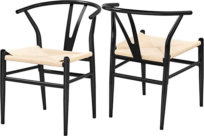 Yaheetech Set of 2 Weave Arm Chair Mid-Century Metal Dining Chair Y-Shaped Backrest Hemp Seat, Bl... | Amazon (US)