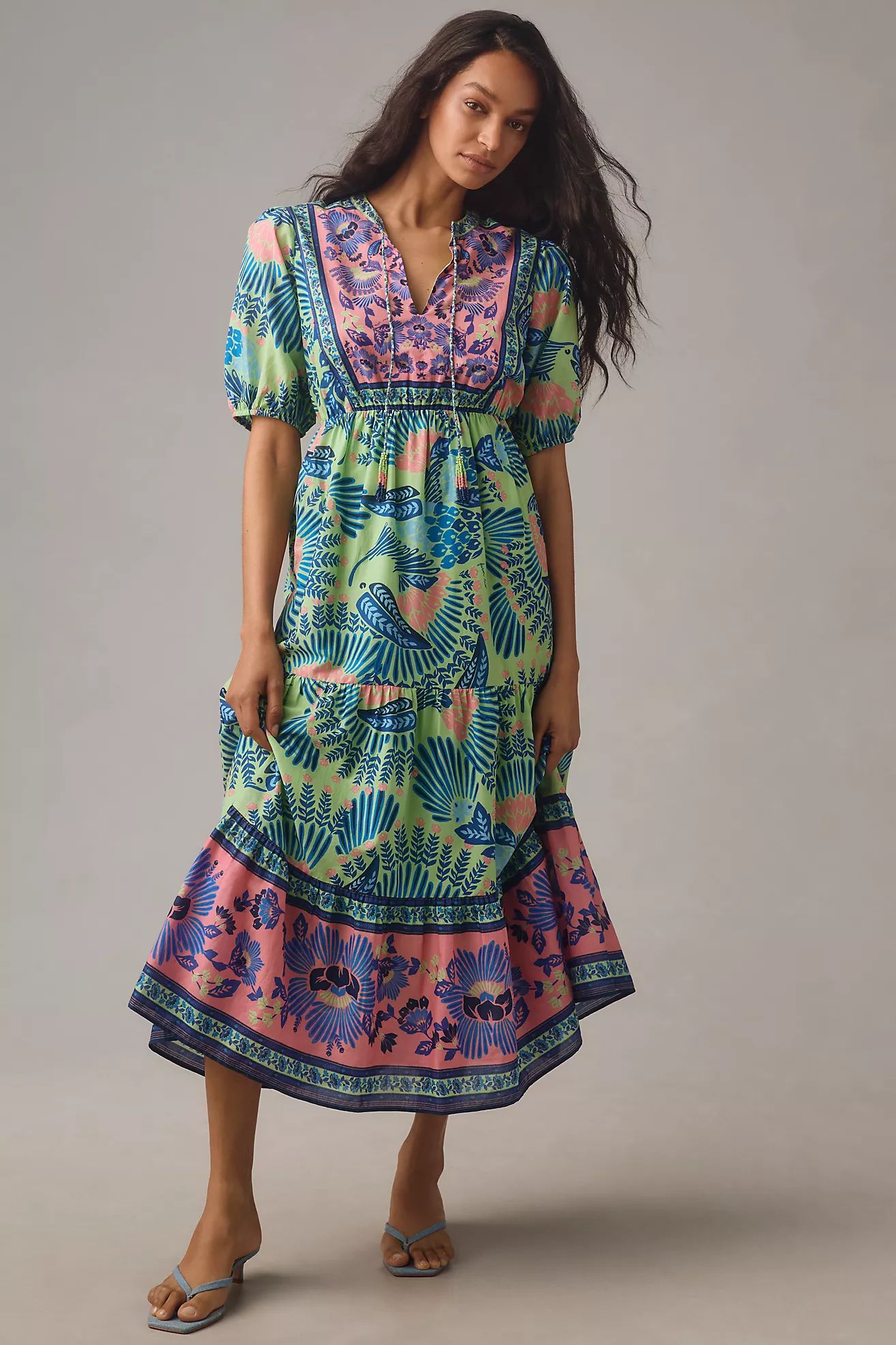 Farm Rio Short-Sleeve Tiered A-Line Midi Dress | Anthropologie (US)