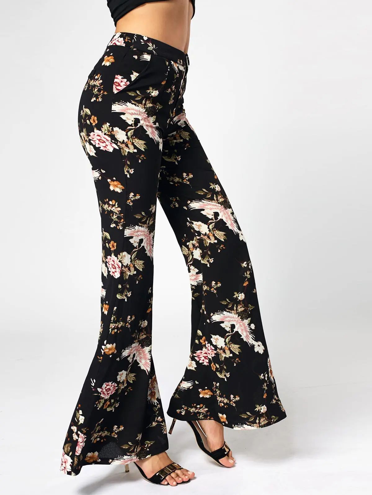 Floral Print High Waist Flared Pants | Rosegal US