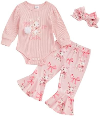 YINGISFITM Easter Baby Girl Outfit My First Easter Bunny Onesie Romper Bell Bottoms Pants Newborn... | Amazon (US)