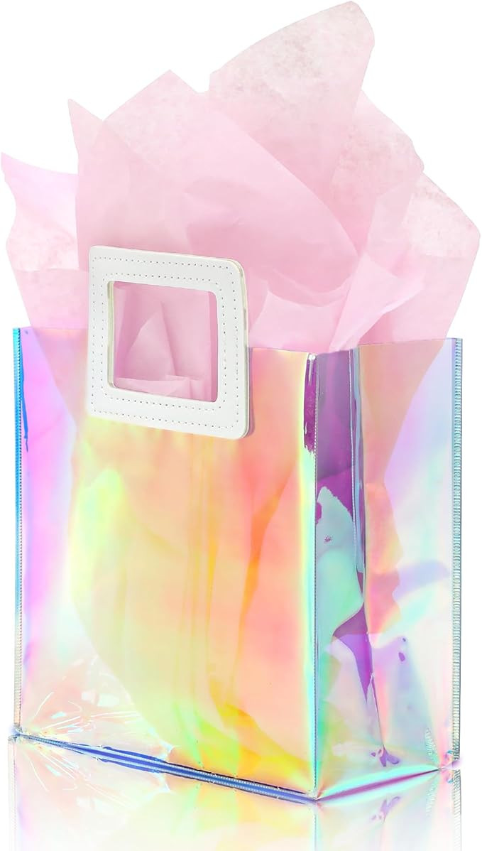 KeerxunBag 1 Pack Holographic Gift Bags with Handles & 2 Tissue Paper Sheets – Iridescent Trans... | Amazon (US)