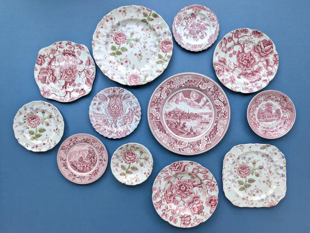 Vintage Red (Pink) Transferware Plate Wall Collection, Farmhouse Wall Decor Plate Display, Dish G... | Etsy (US)