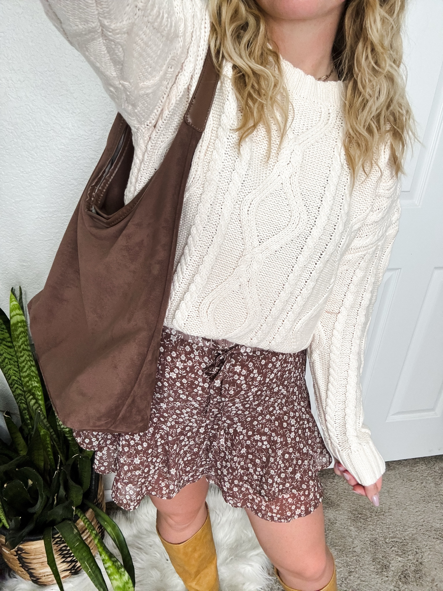 White cable knit sweater with a brown floral skorts, brown faux suede shoulder bag, and yellow fall boots





Amazon outfits, fall outfit inspo, outfit ideas, casual outfits amazon, amazon outfits every day, outfit ideas 2026, fall outfits, fall outfits Amazon, midsize fall outfit inspo, petite outfits for fall, Amazon fall fashion, casual fall style, trending fall fashion

#LTKootd #LTKSaleAlert #LTKPetite