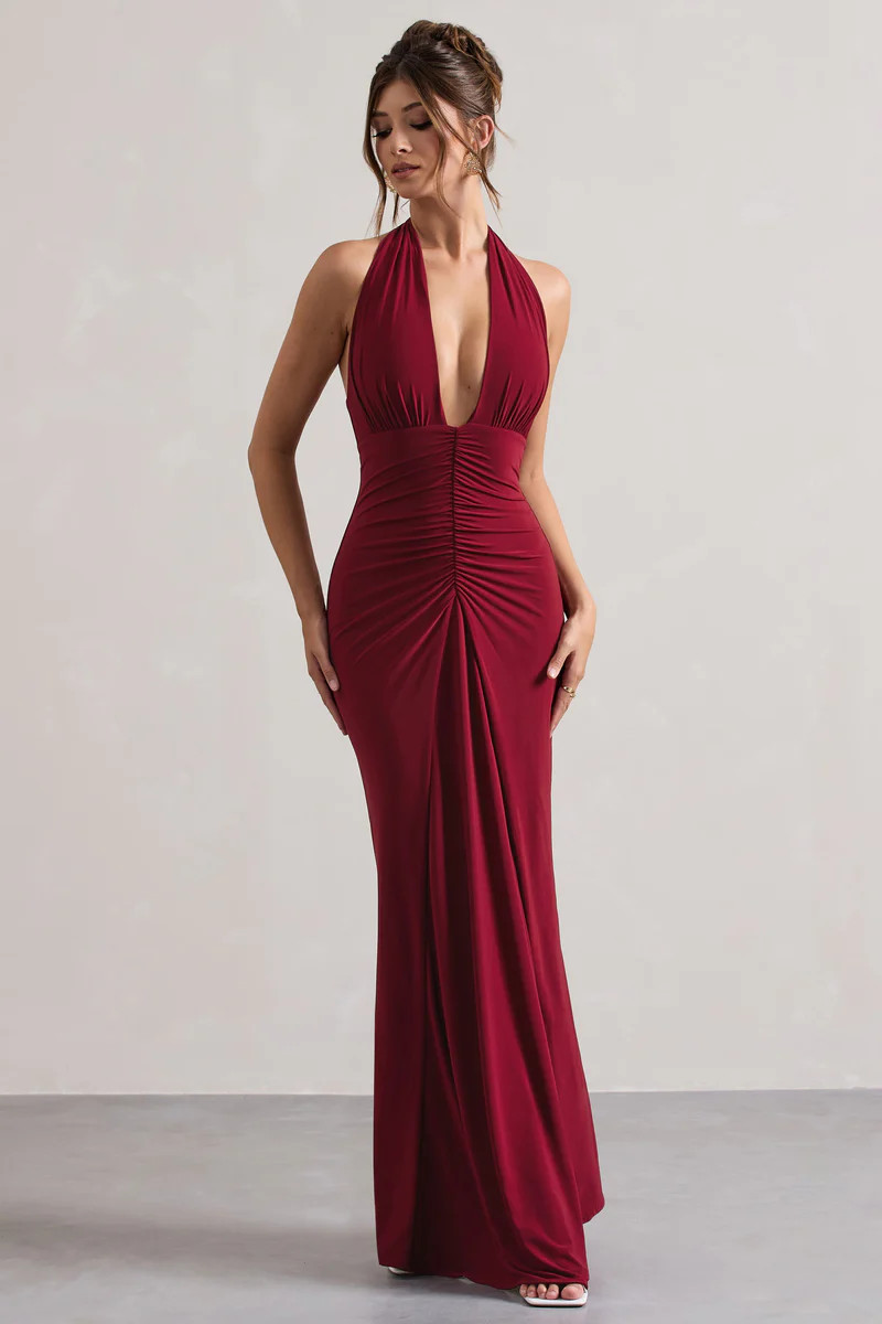 Payton  Berry Ruched Halter-Neck Maxi Dress | Club L London
