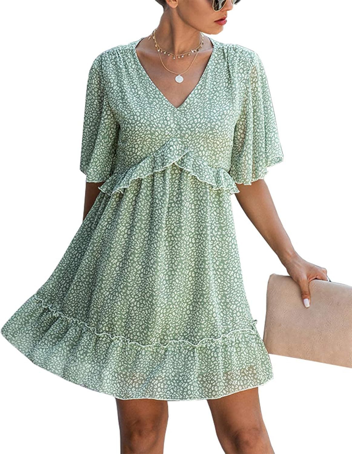 KIRUNDO Summer Women’s Floral Ruffle Hem Mini Dress Short Sleeves V Neck High Waist Loose Boho Dress | Amazon (US)