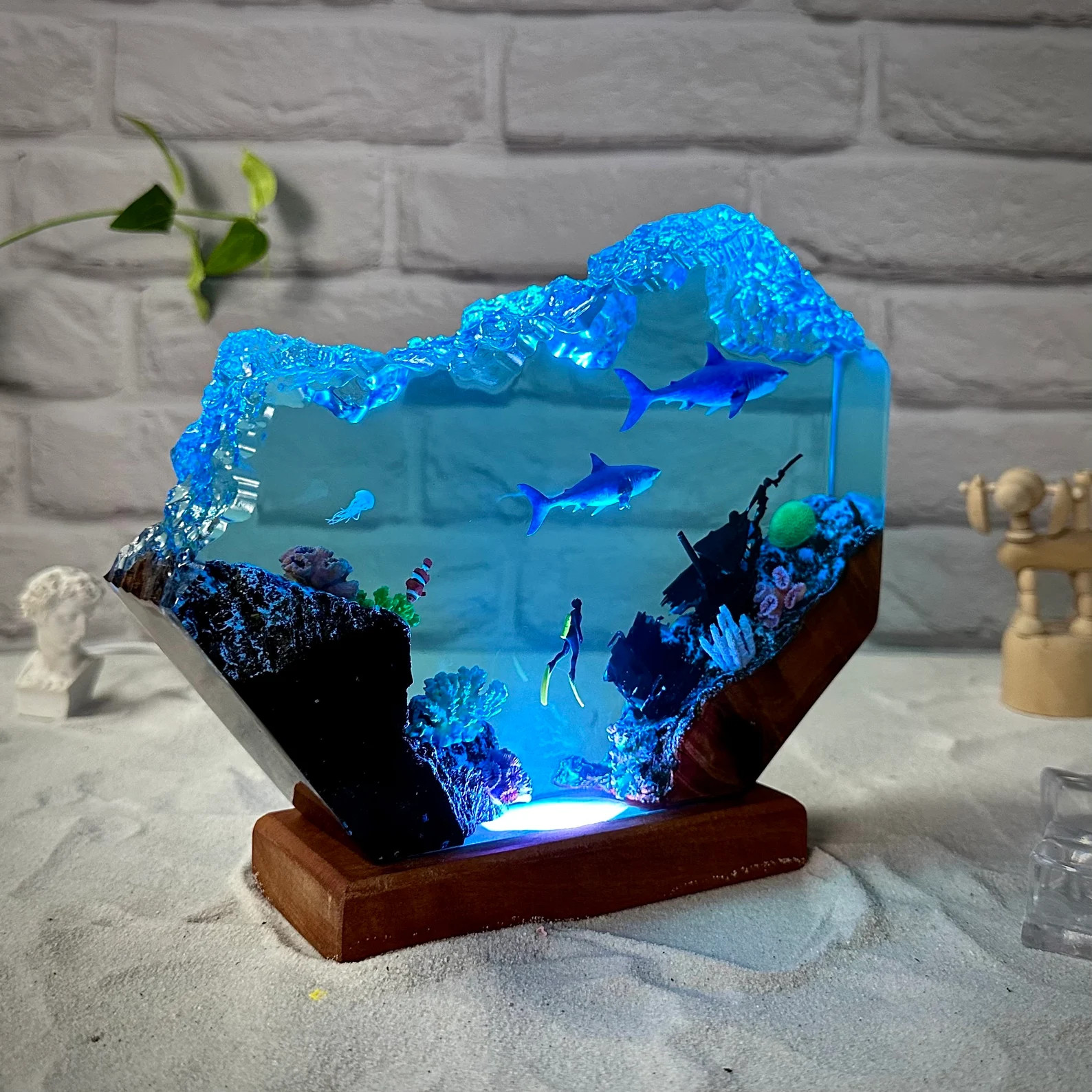 Great White Shark and Scuba Resin Lamp, SCUBA DIVER Epoxy Lamp, Ocean Night Light, Gift for Him, ... | Etsy (US)