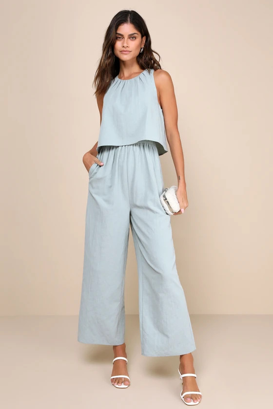 Breezy Sophistication Sage Green Textured Wide-Leg Jumpsuit | Lulus