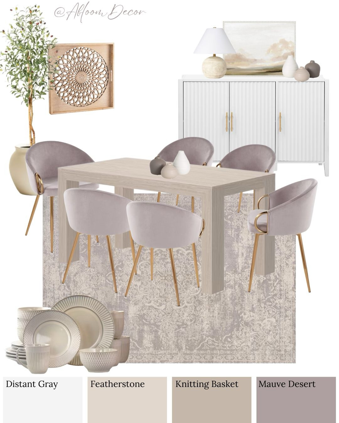 This soft, neutral dining room setup feels calm and inviting, with cozy mauve chairs, warm beige tones, and a subtle mix of textures that make it feel stylish and relaxed.

#LTKHome