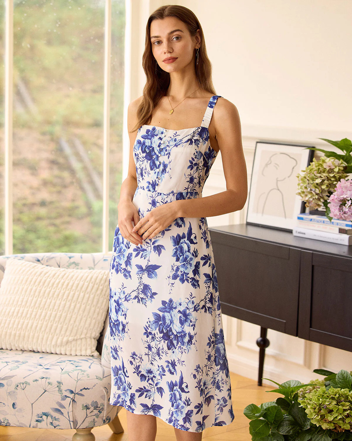 The Blue Elasticized Shoulder Straps Floral Dress & Reviews - Blue - Dresses | RIHOAS | rihoas.com