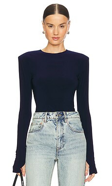 Norma Kamali Shoulder Pad Long Sleeve Crew Top in True Navy from Revolve.com | Revolve Clothing (Global)