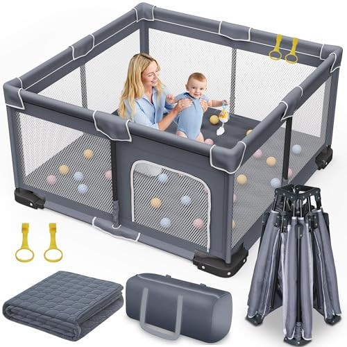 Jixrolyn Foldable Baby Playpen with Mat, 50"x50" Folding Playpen for Babies and Toddlers, Sturdy Safety Play Yard with Gate, Portable Kid's Play Pen with Bag | Amazon (US)