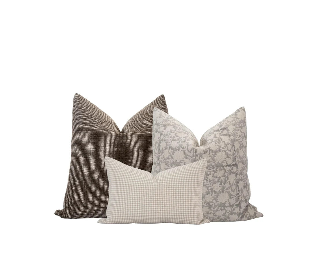 Gray and Brown Pillow Cover Light Gray Pillow Dark Brown Pillow Block Print Pillow Set Neutral Gi... | Etsy (US)