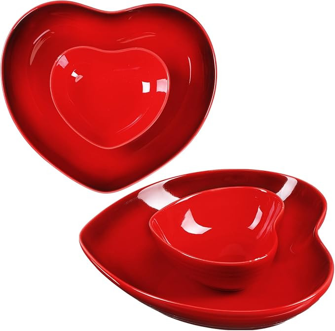 Tioncy 2 Set Heart Shaped Bowls and Plates Set Ceramic Valentine Dinnerware Dish Bowls Dinner Sal... | Amazon (US)