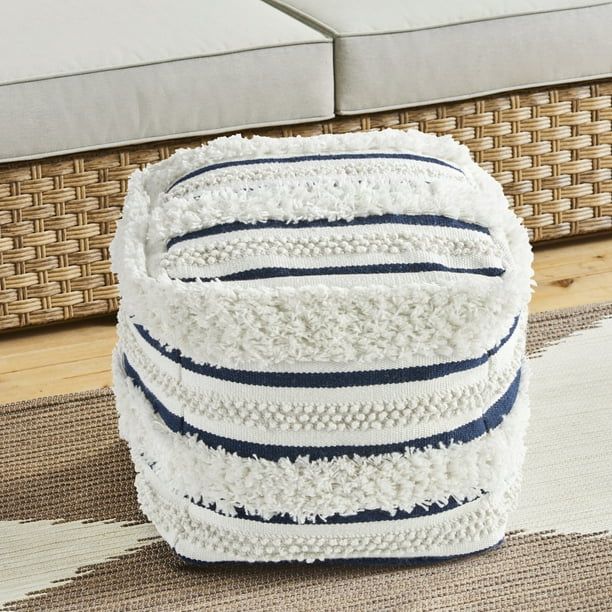 BH&G Outdoor Woven, Blue and White Stripe Pouf | Walmart (US)