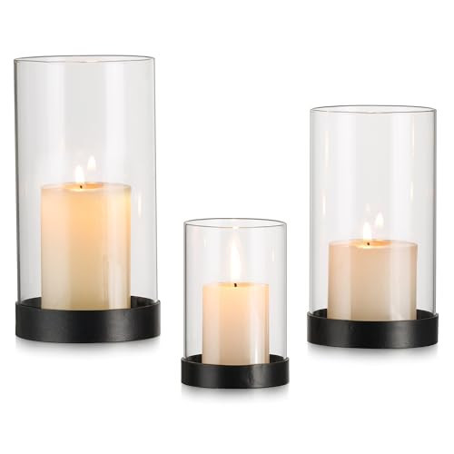 Inweder Hurricane Candle Holder for Pillar Candles: Clear Glass Hurricane Candle Holder 3Pcs Pillar Candle Holder for Tables Black Candle Holder Modern Candle Holder for Dining Table Living Room Home | Amazon (US)