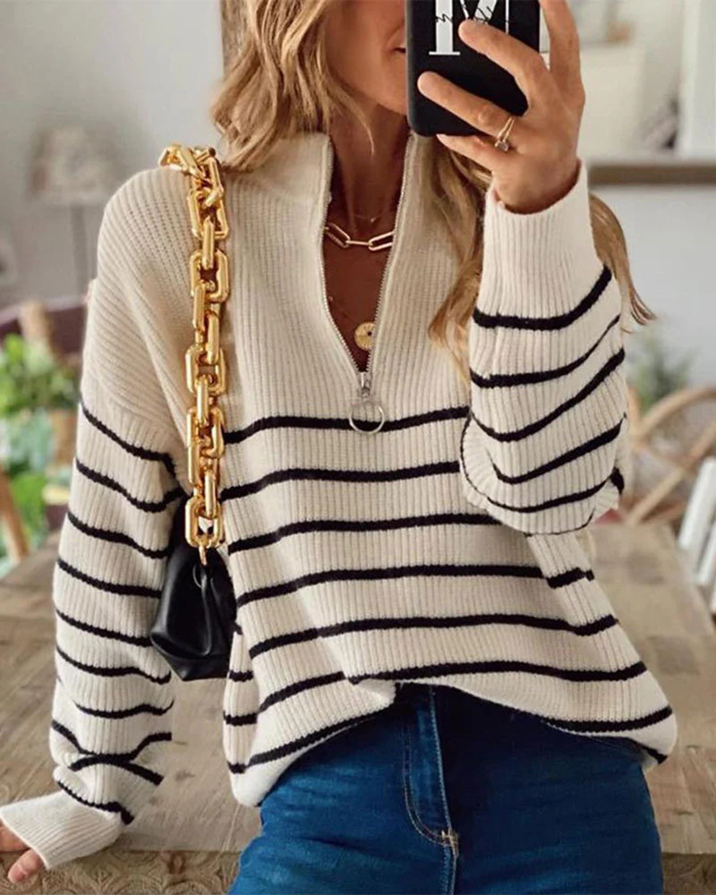 Striped Pattern Quarter Zipper Drop Shoulder Sweater Pullover | Zeagoo