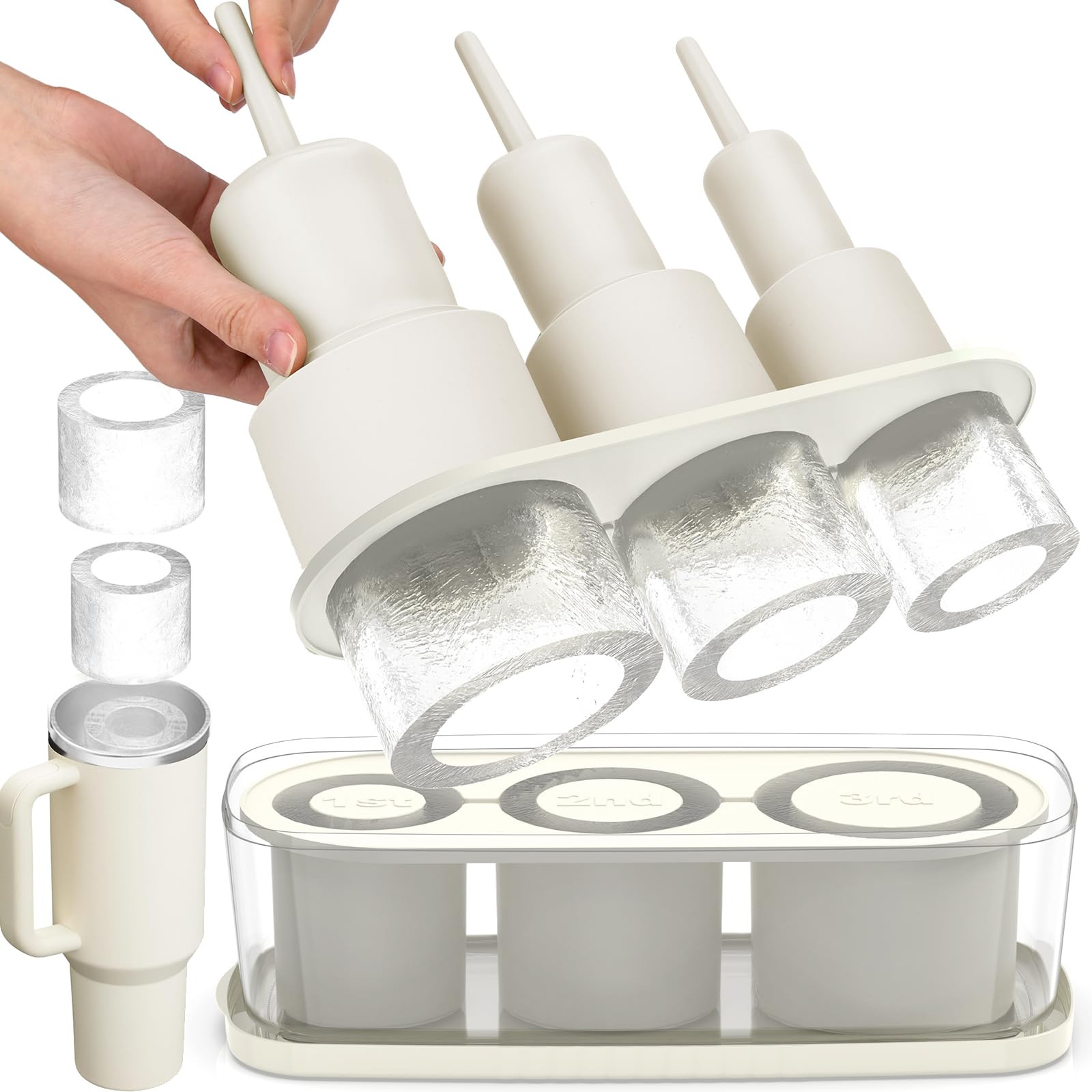 Ice Cube Tray for Tumbler Cup 30Oz-40Oz, 3 Pcs Silicone Cylinder Ice Mold with Lid and Bin for Fr... | Amazon (US)