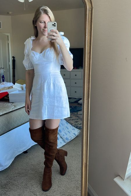 Summer to fall outfit with white puff sleeve mini dress and cognac over the knee OTK boots  

#LTKSeasonal