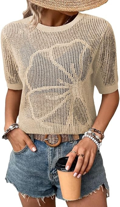 Dokotoo Womens Summer Short Sleeve Crochet Tops Hollow Out Floral Sweaters Beach Vacation Cruise ... | Amazon (US)