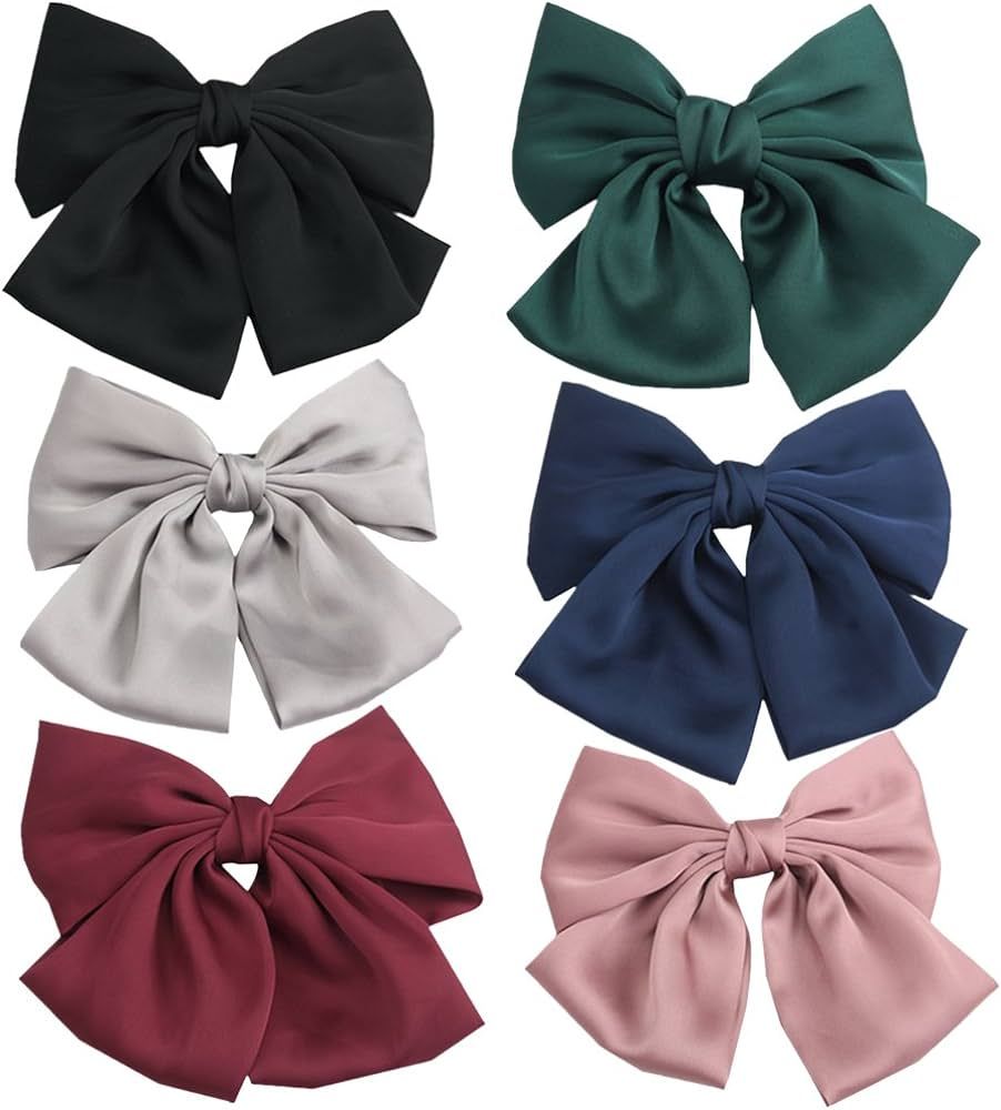 PIDOUDOU Set of 6 Big Satin Solid 8 Inch Bow Hair Clips Women Barrettes | Amazon (US)