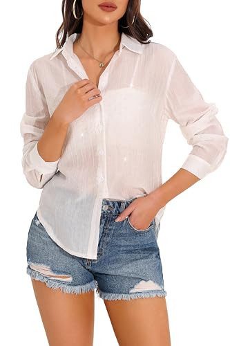 GUANYY Womens Long Sleeve Sparkly Sheer Button Down Shirt Rhinestone Mesh Sexy Chiffon Blouse Cover Up White Medium | Amazon (US)