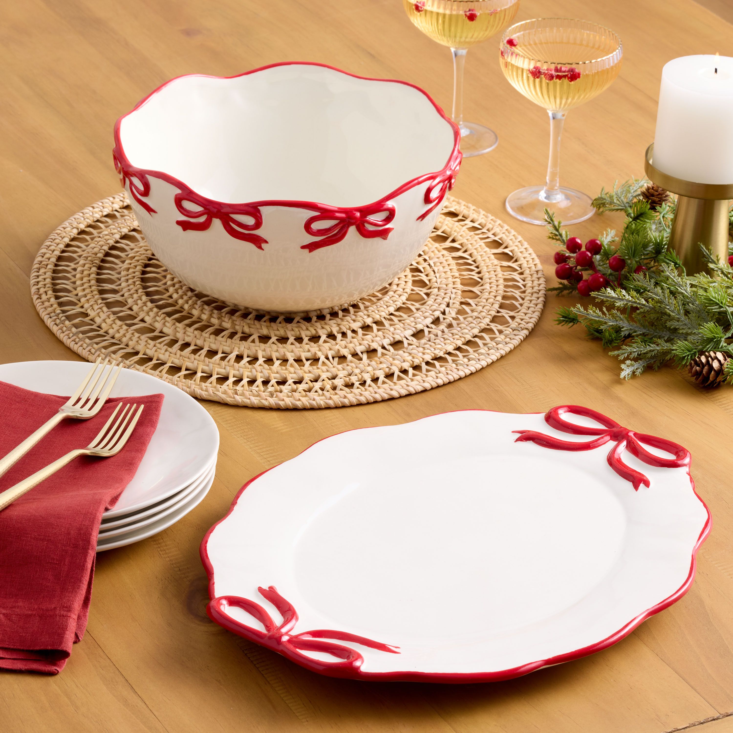 Cream and Red Bows Hand Painted Serveware Collection | World Market