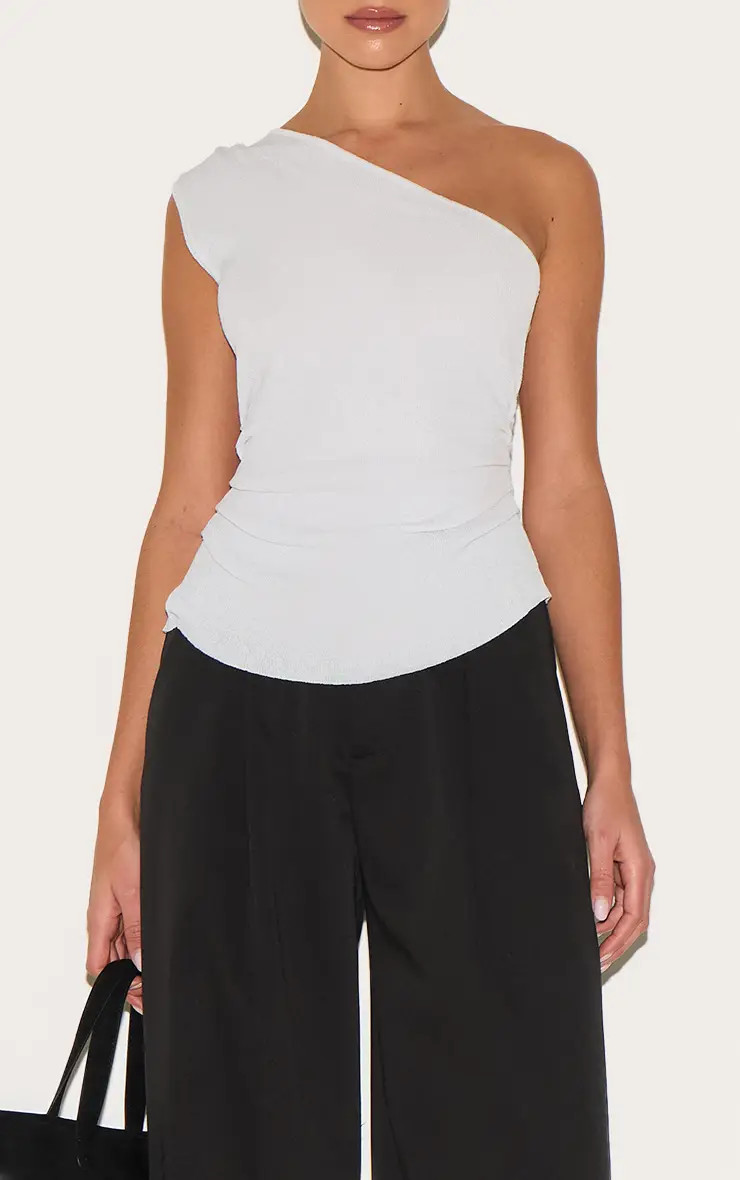 White Green Fine Knit One Shoulder Ruched Side Top | PrettyLittleThing US