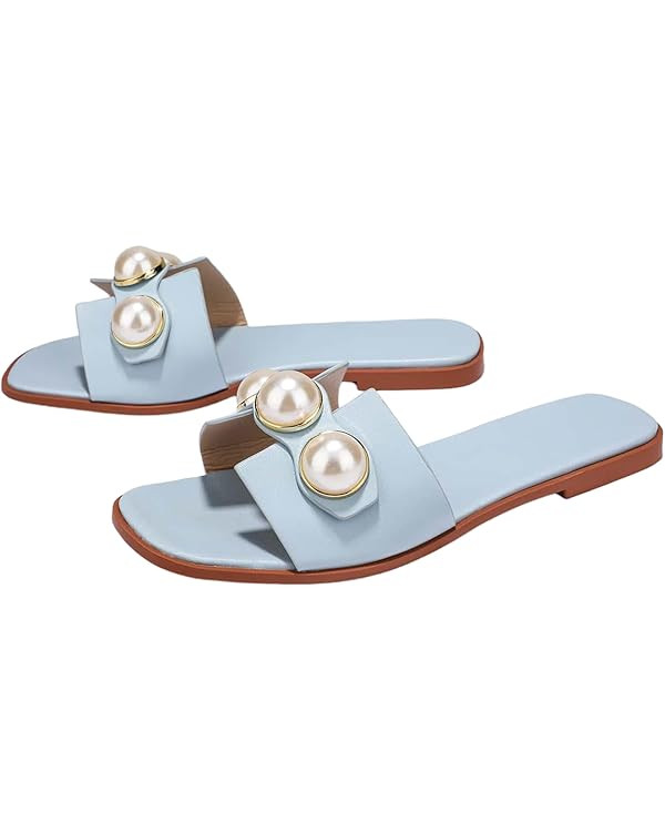 Verdusa Women's Flat Sandals Pearl Sandals Square Toe Summer Slip On Flat Shoes | Amazon (US)