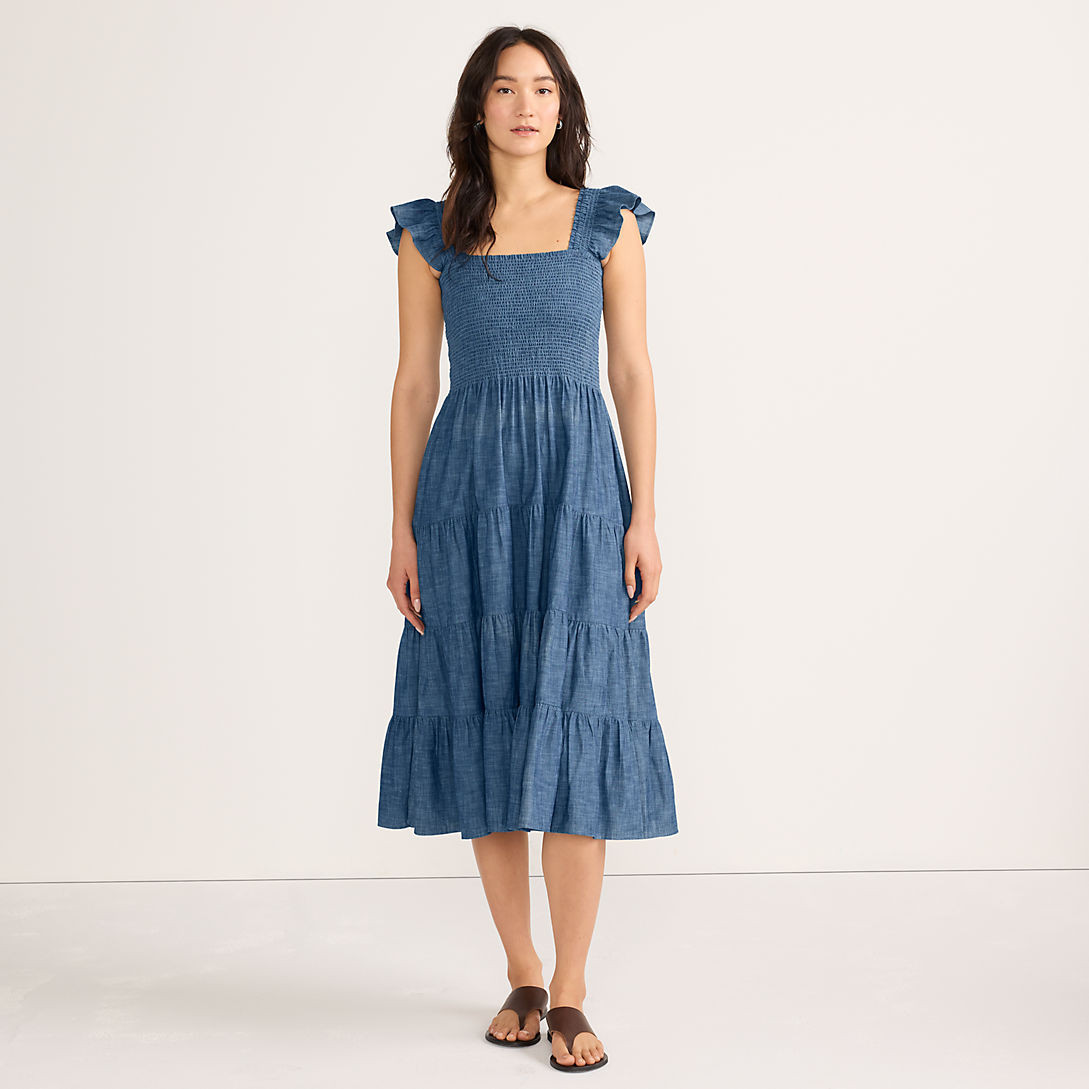 Women's Chambray Smocked Dress with Ruffle Straps | Lands' End (US)